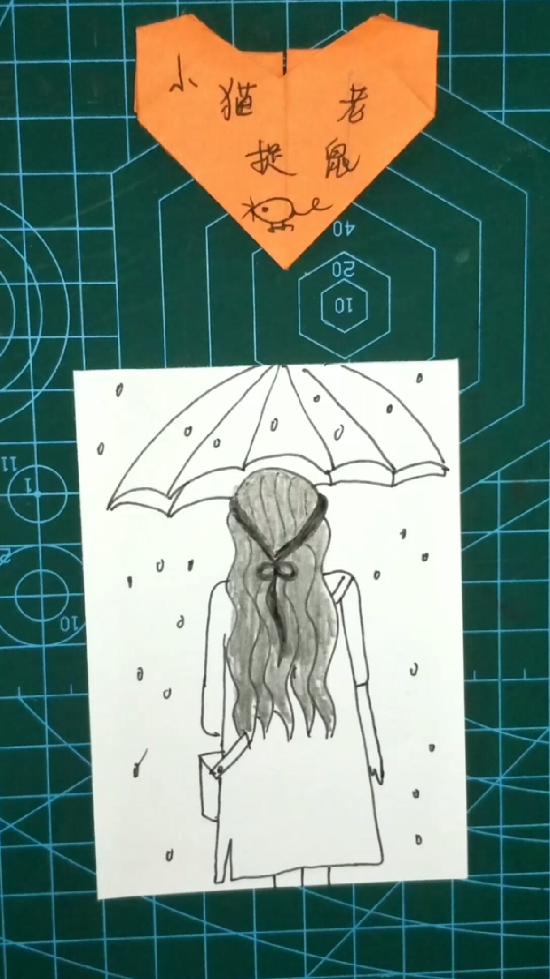 简笔画:在雨中撑着伞的孤独的女孩的背影
