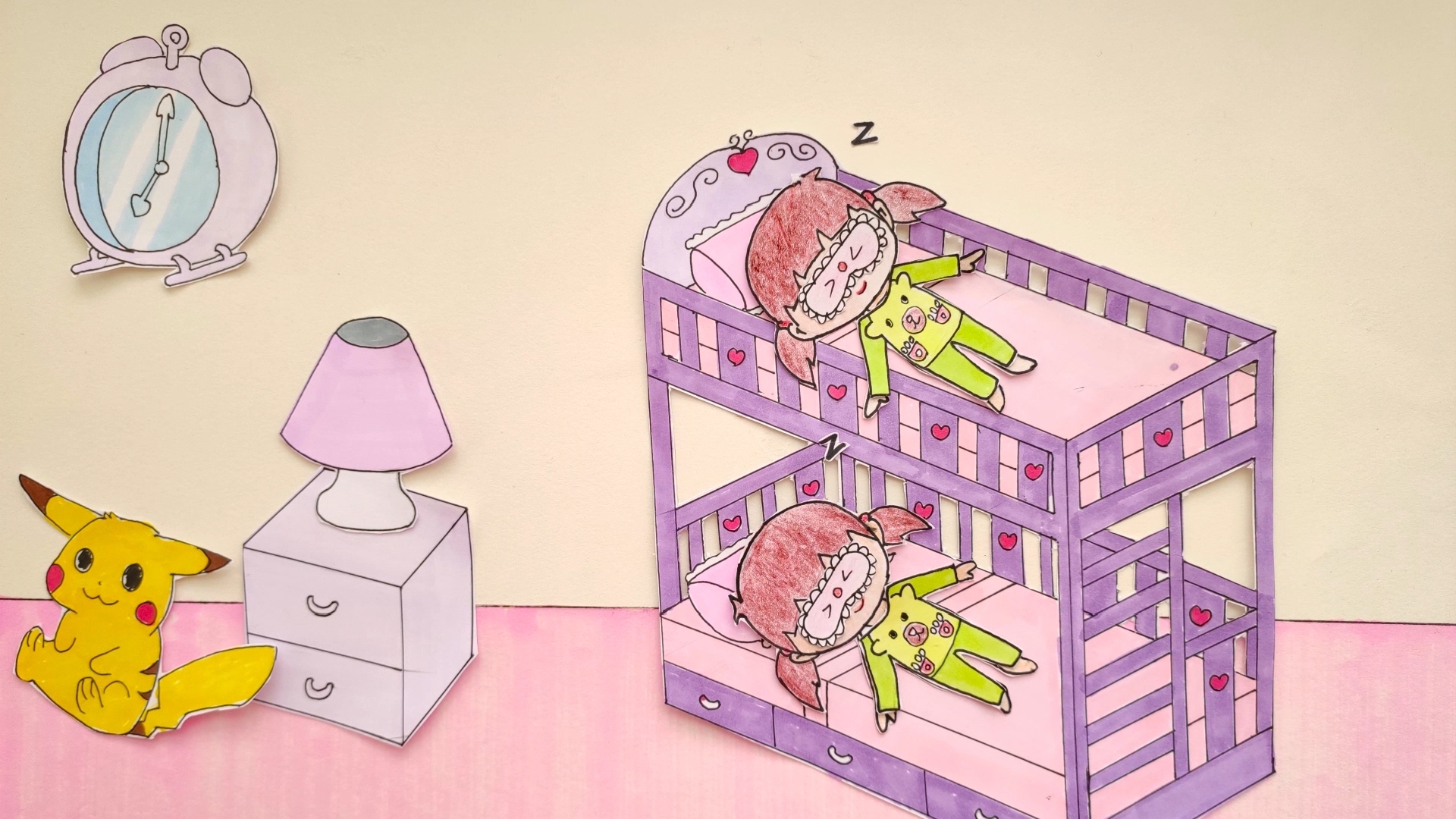 创意手工:双胞胎纸娃娃的房间,有双人床,厨房,书房