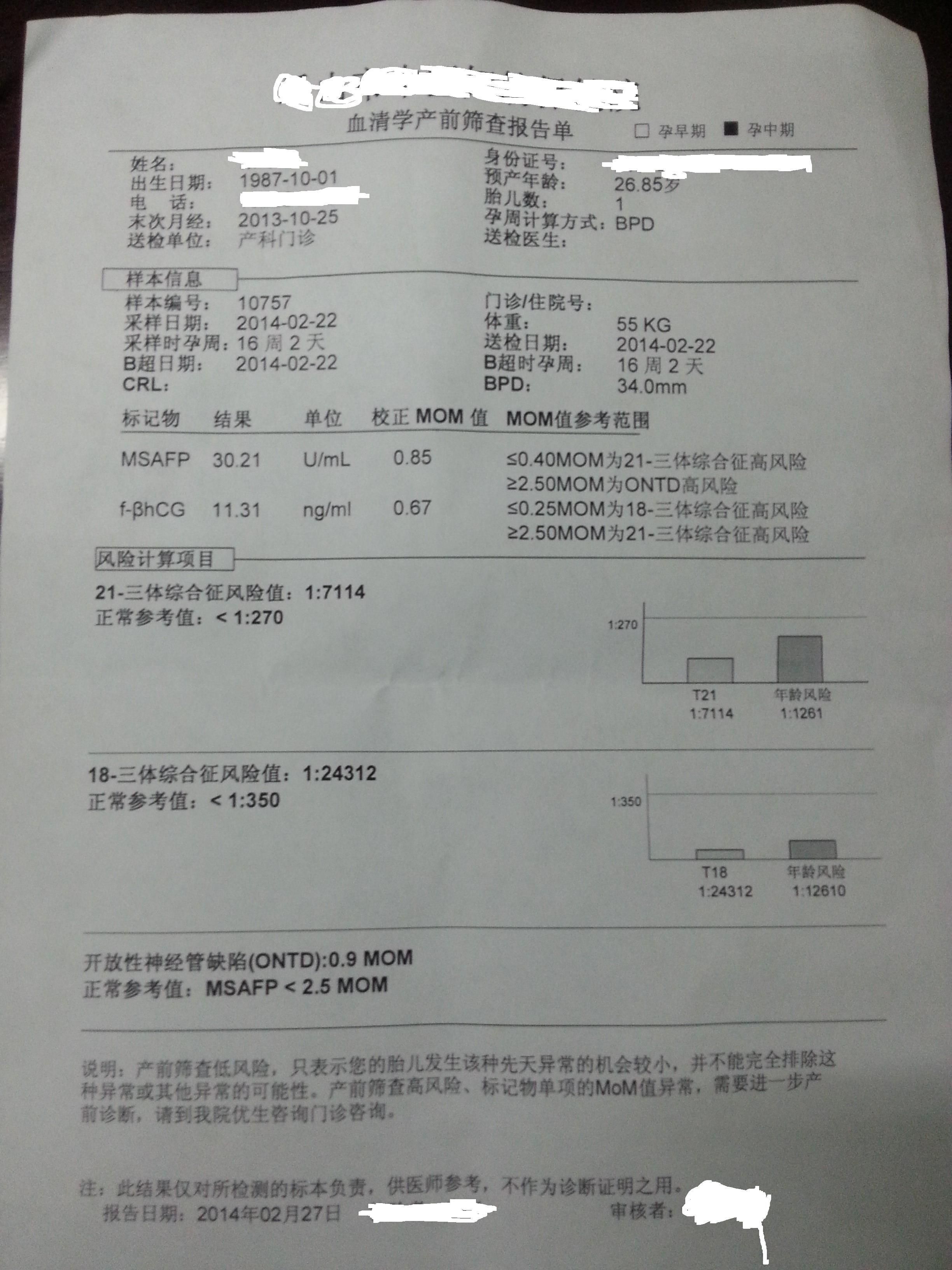 唐氏筛查结果,麻烦医生帮忙看下是否正常,还要进一步检查吗?