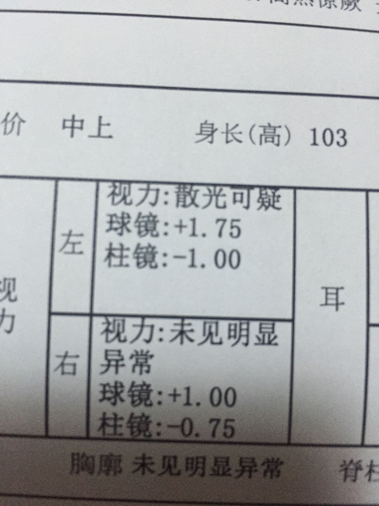 三岁孩子入园体检左眼球镜 175 柱镜