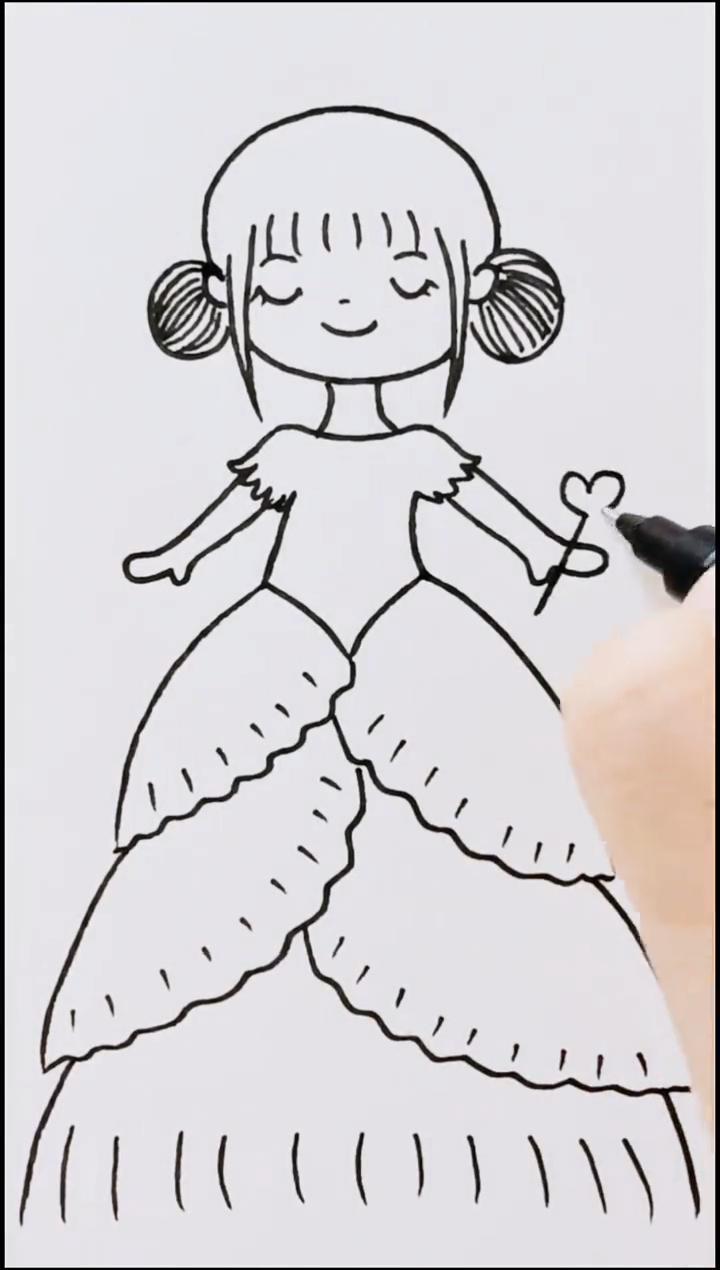 简笔画,画一个穿蛋糕裙的小姑娘