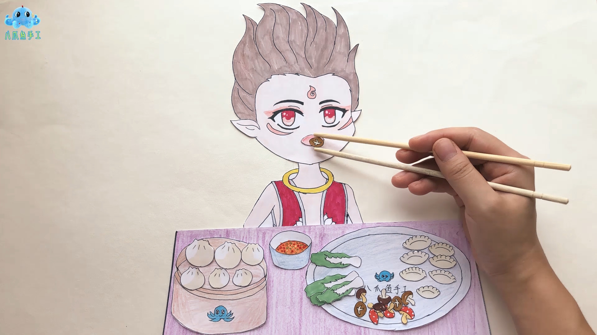 手绘定格动画小哪吒转行做吃播来盘美味的饺子和包子