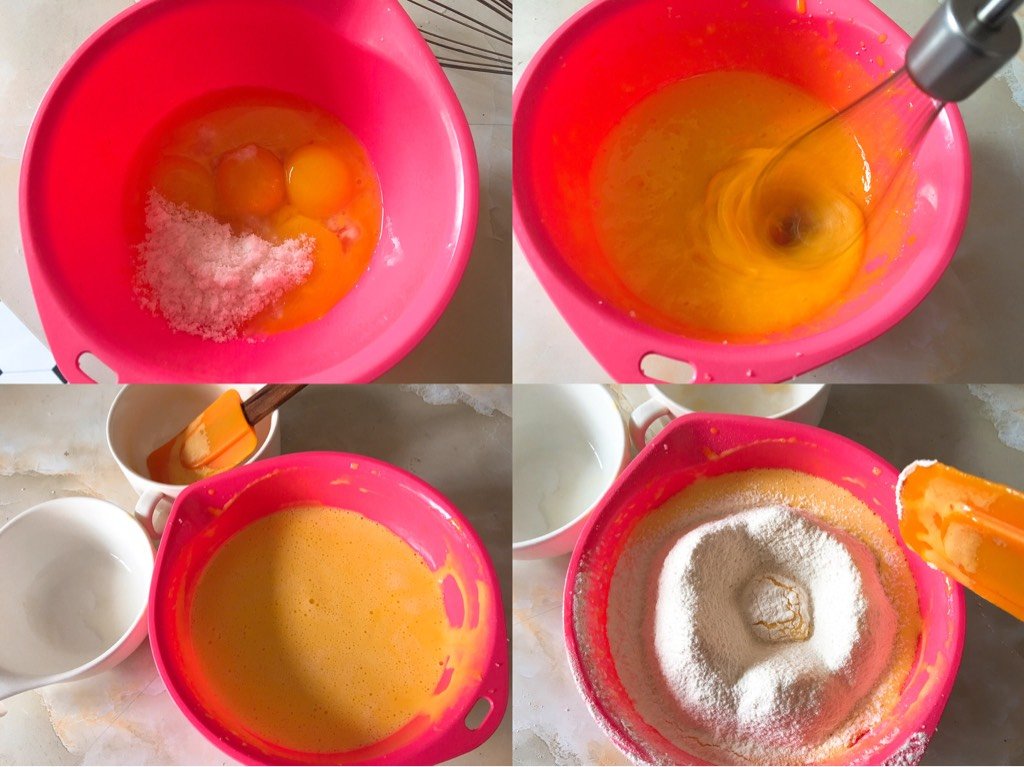 5楼 蛋黄加入30克糖,打蛋器搅打均匀,依次加入牛奶,融化的黄油,筛入